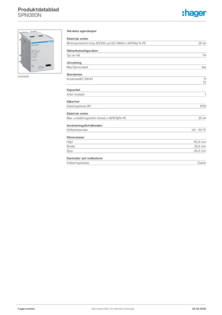 Bild Hager Produktdatablad SPN080N | Hager Sverige