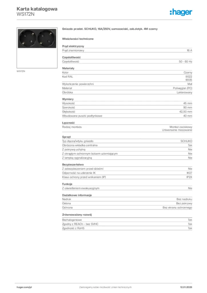 Zdjęcie Hager Karta katalogowa WS172N | Hager Polska