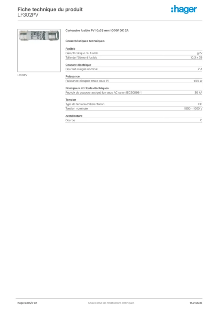 Image Hager Fiche technique du produit LF302PV | Hager Suisse