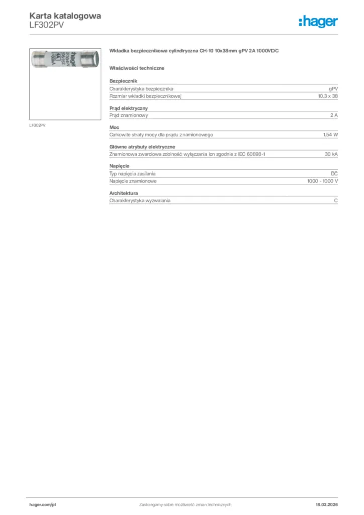 Zdjęcie Hager Karta katalogowa LF302PV | Hager Polska