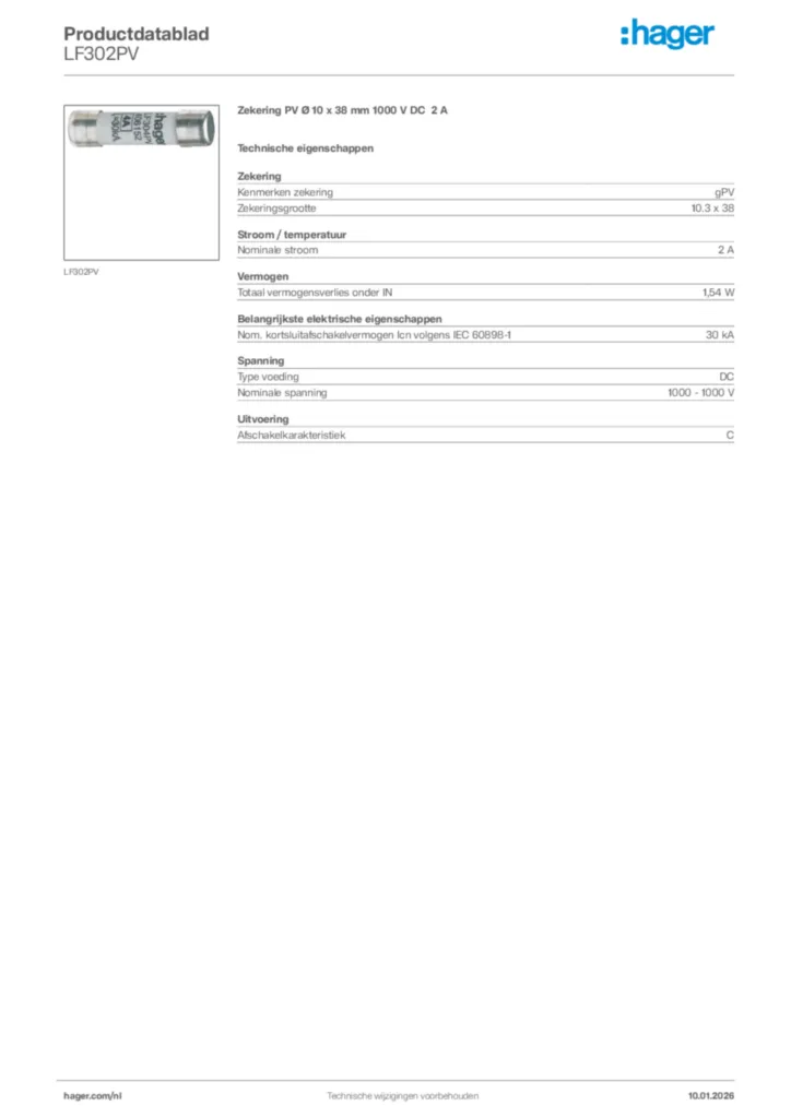 Afbeelding Hager Productdatablad LF302PV | Hager Nederland