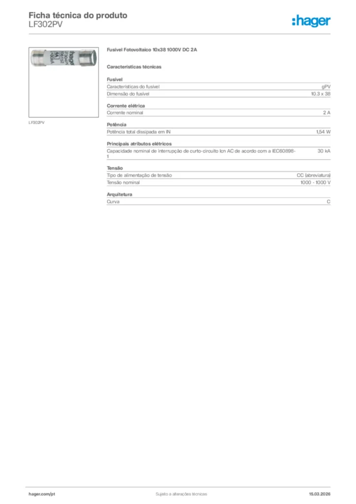 Imagem Hager Ficha técnica do produto LF302PV | Hager Portugal