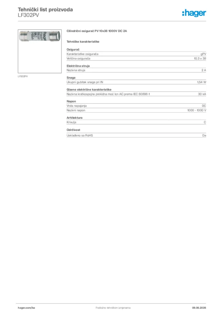 Slika Hager Tehnički list proizvoda LF302PV  | Hager