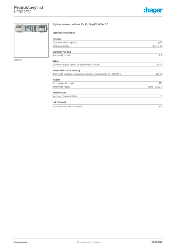 Obrázek Hager Generováno - Datový list produktu LF302PV | Hager