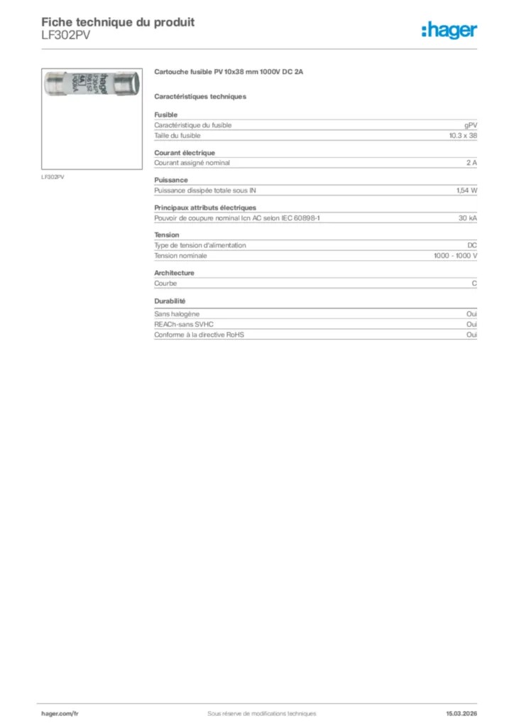 Image Hager Fiche technique du produit LF302PV | Hager France