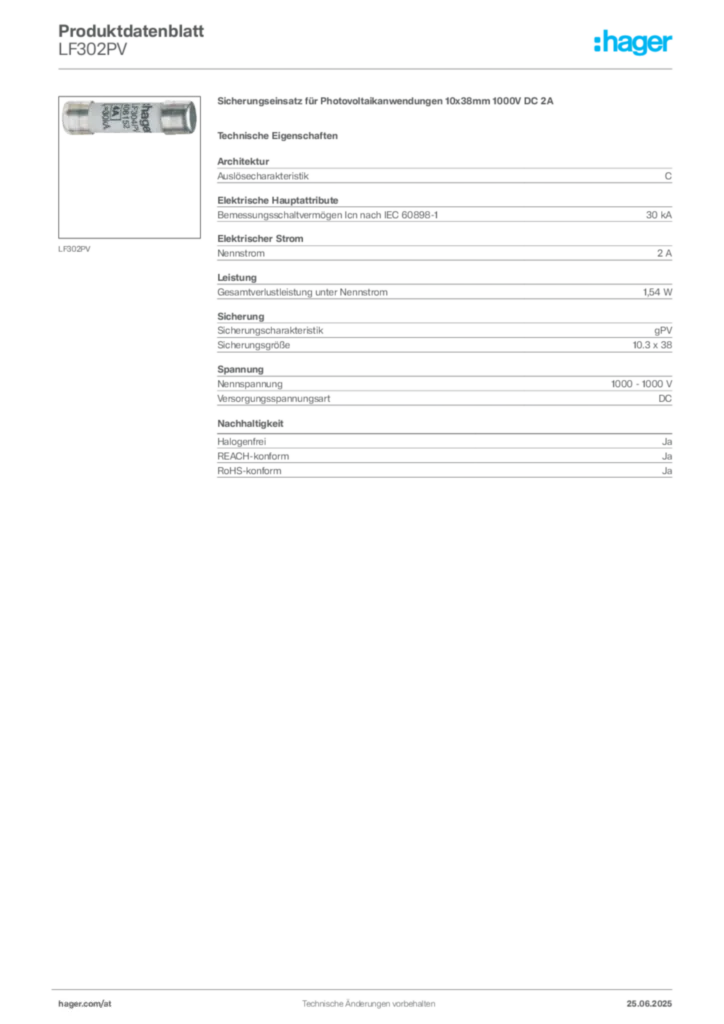 Bild Hager Produktdatenblatt LF302PV | Hager Deutschland
