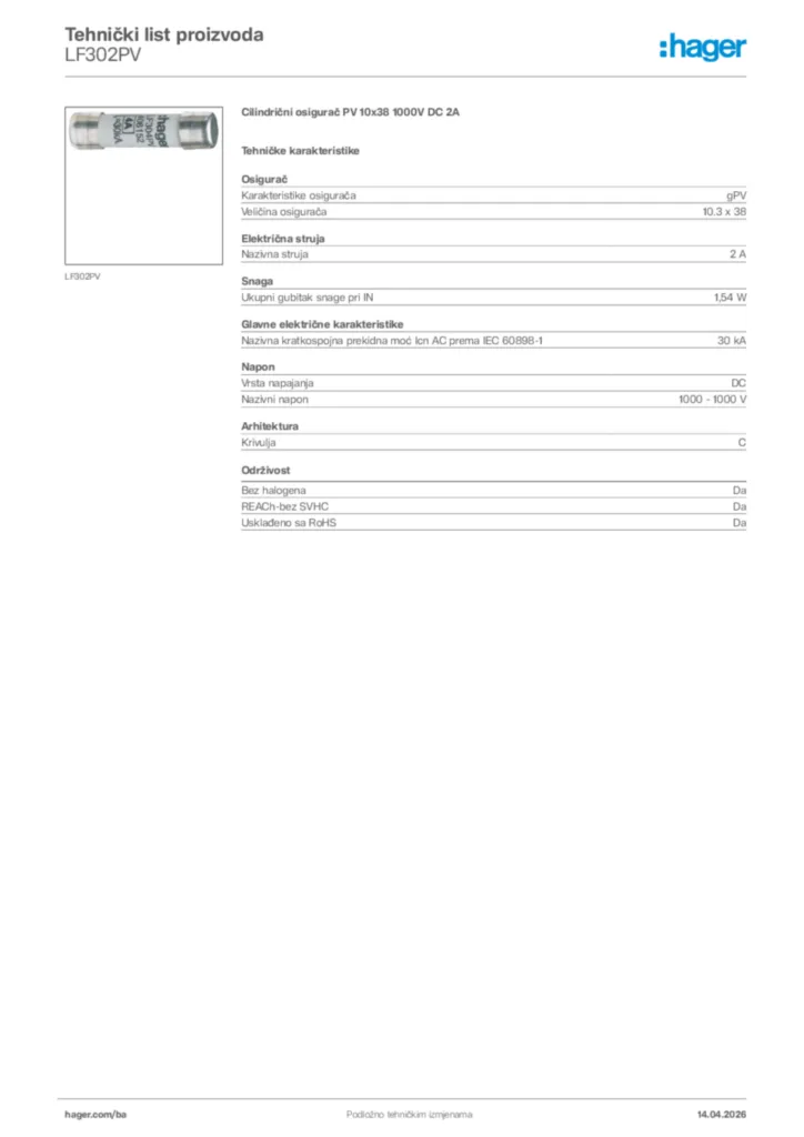 Slika Hager Tehnički list proizvoda LF302PV  | Hager