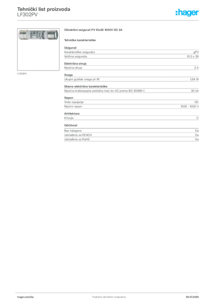 Slika Hager Product data sheet LF302PV  | Hager