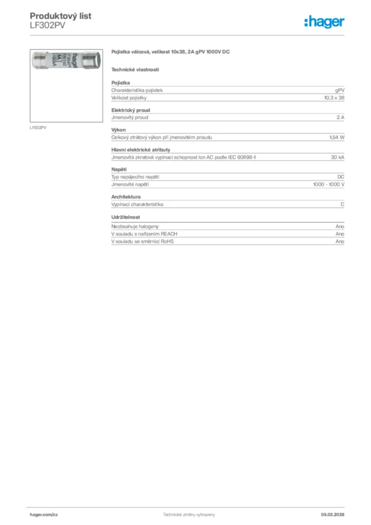 Obrázek Hager Product data sheet LF302PV | Hager