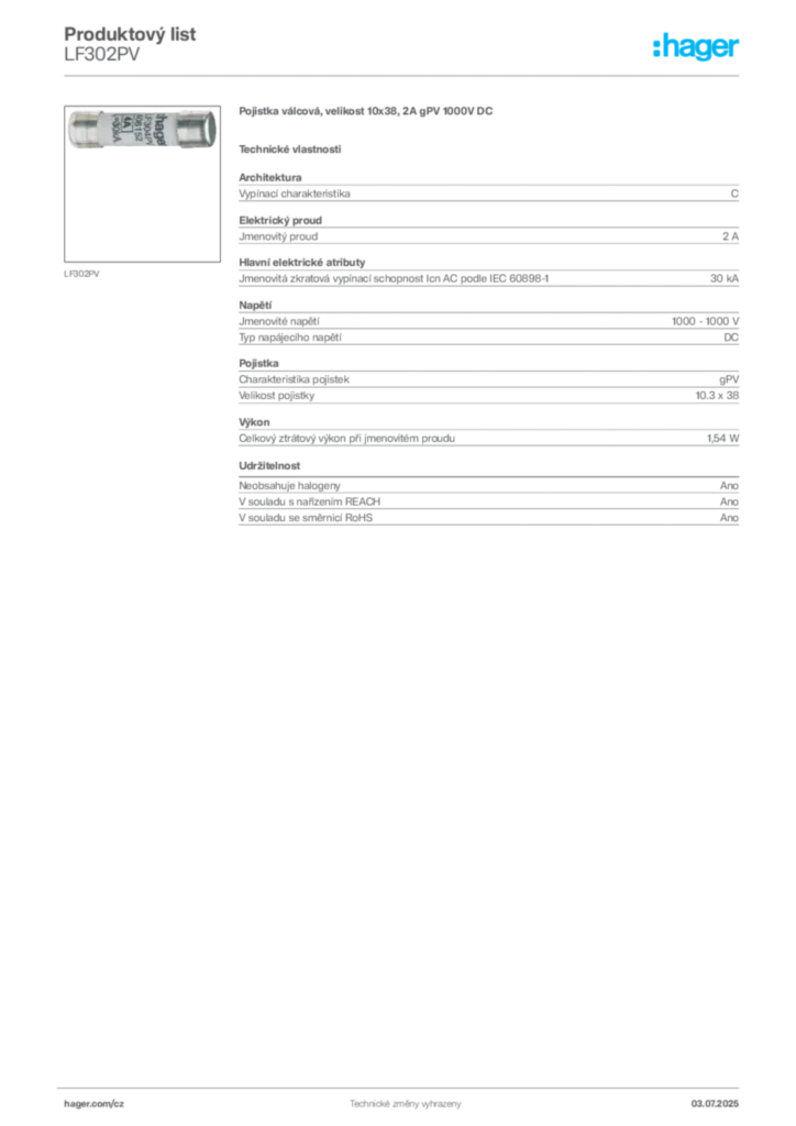 Obrázek Hager Produktový list LF302PV | Hager