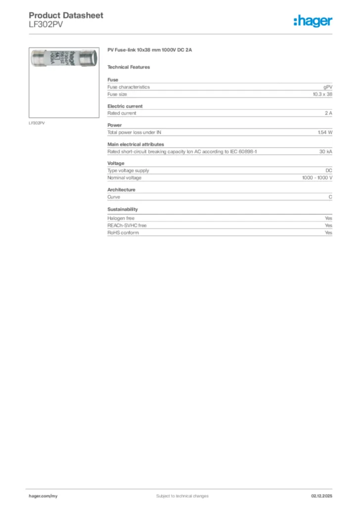 Image Hager Product data sheet LF302PV  | Hager
