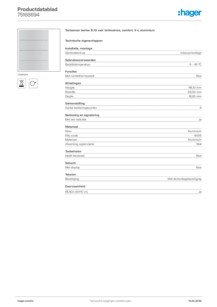 Afbeelding Hager Productdatablad 75168694 | Hager Nederland