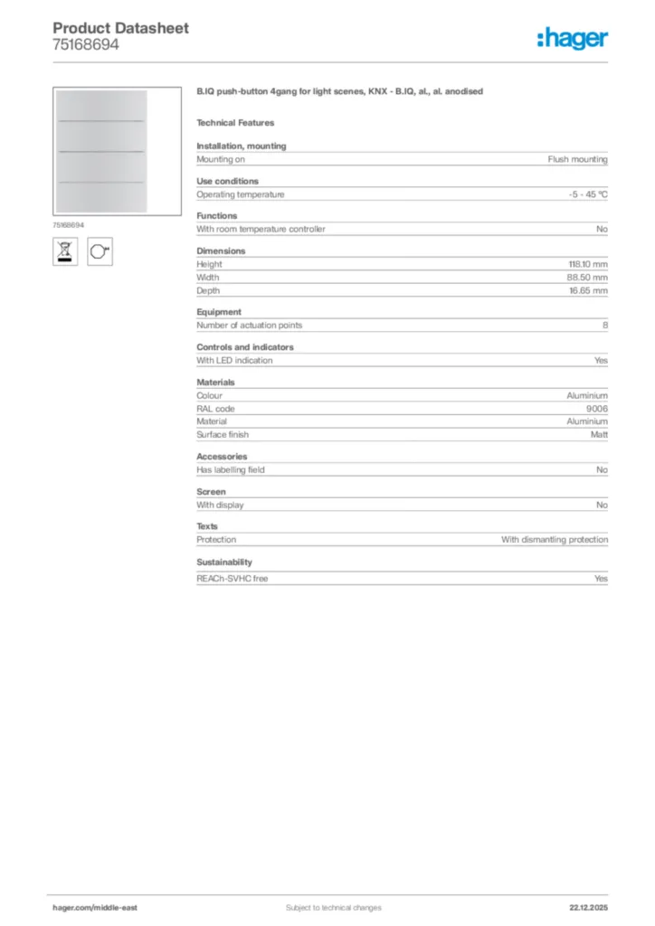 Image Hager Product data sheet 75168694  | Hager