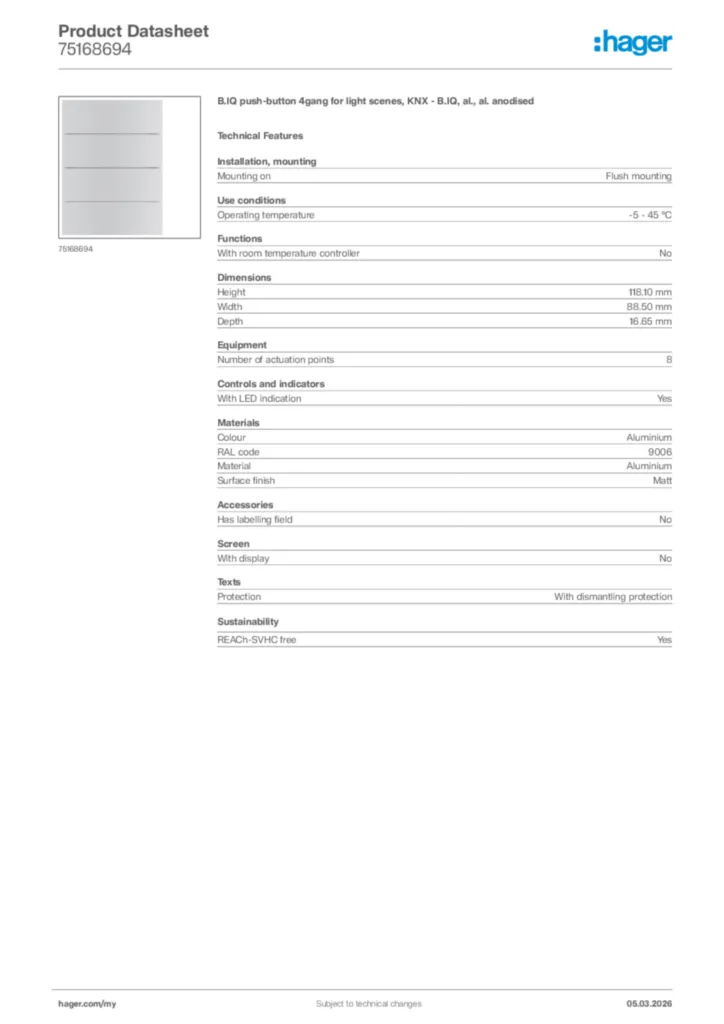 Image Hager Product data sheet 75168694  | Hager