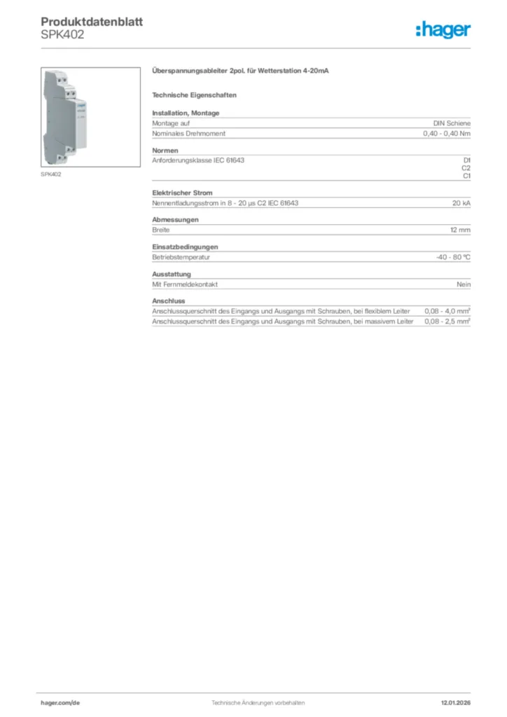 Bild Hager Produktdatenblatt SPK402 | Hager Deutschland