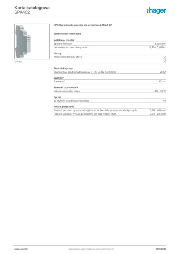 Zdjęcie Hager Karta katalogowa SPK402 | Hager Polska