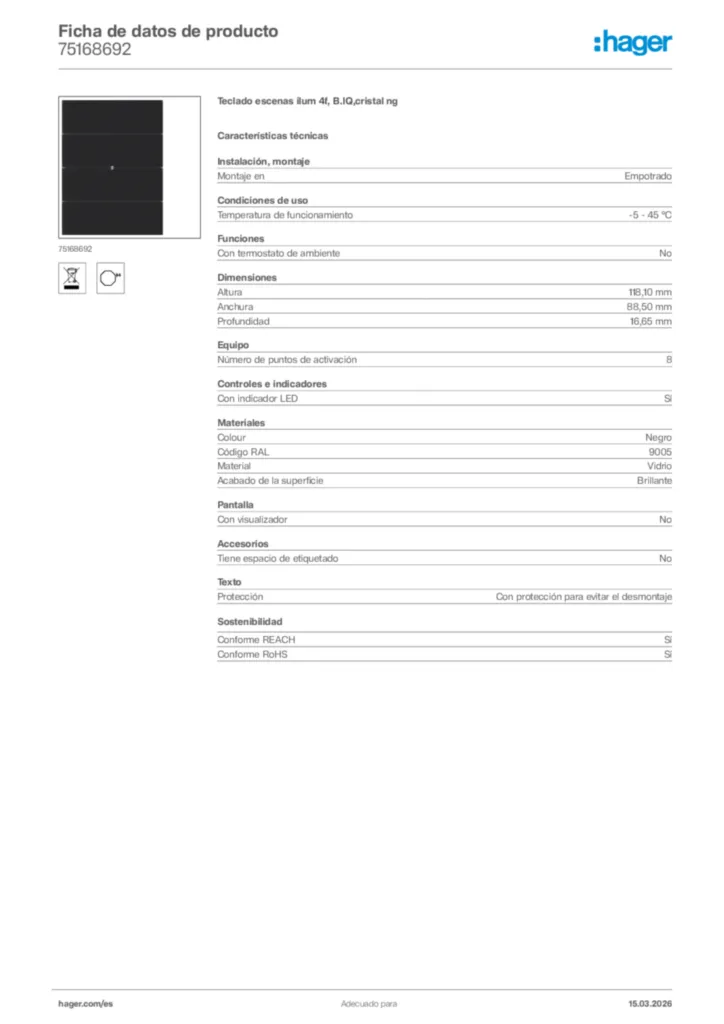 Imagen Hager Ficha de datos de producto 75168692 | Hager España