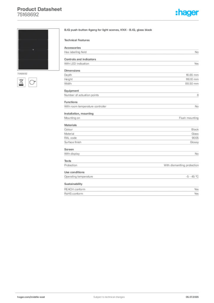 Image Hager Product data sheet 75168692  | Hager