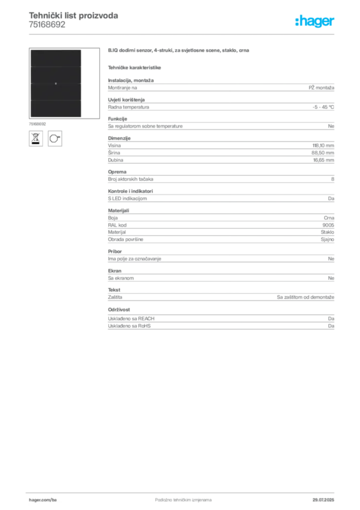 Slika Hager Product data sheet 75168692  | Hager