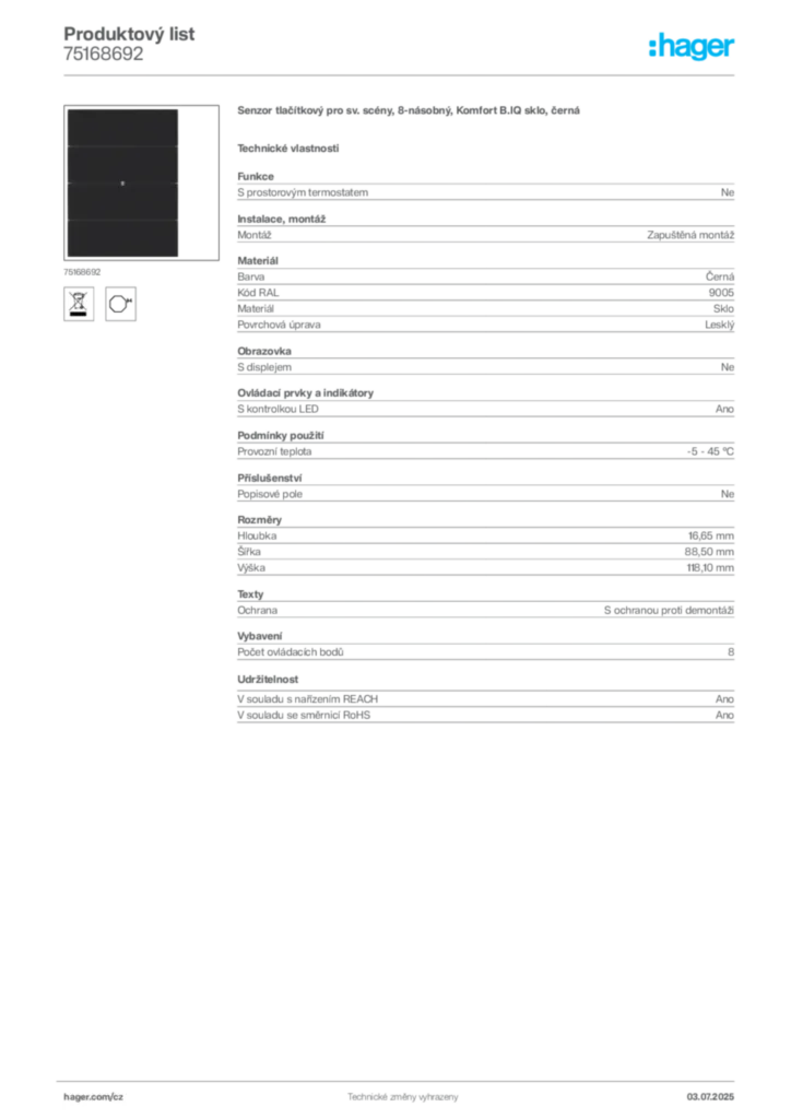 Obrázek Hager Produktový list 75168692 | Hager