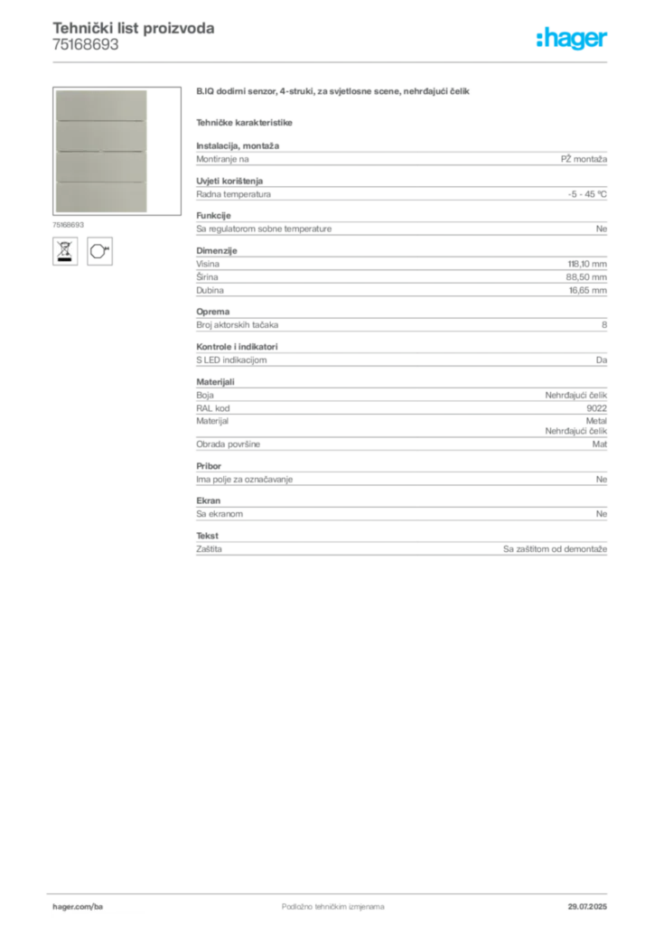 Slika Hager Product data sheet 75168693  | Hager