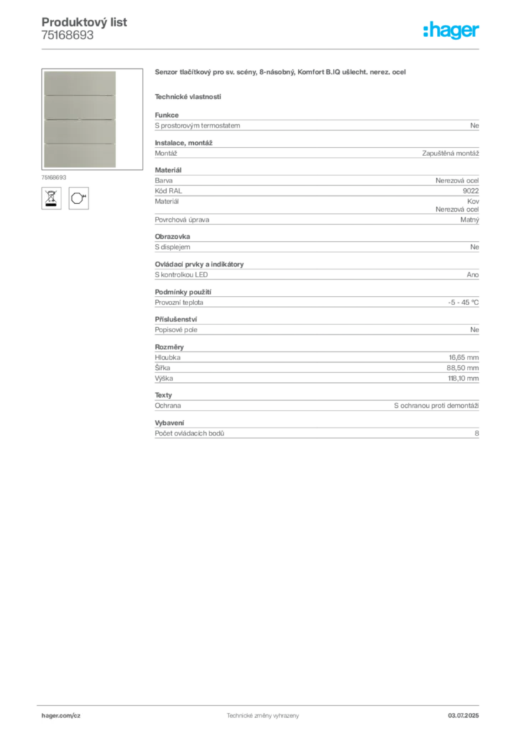 Obrázek Hager Produktový list 75168693 | Hager