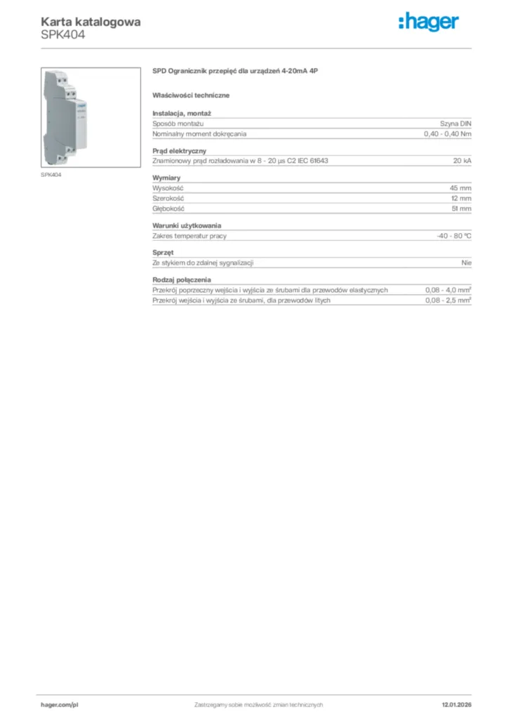Zdjęcie Hager Karta katalogowa SPK404 | Hager Polska