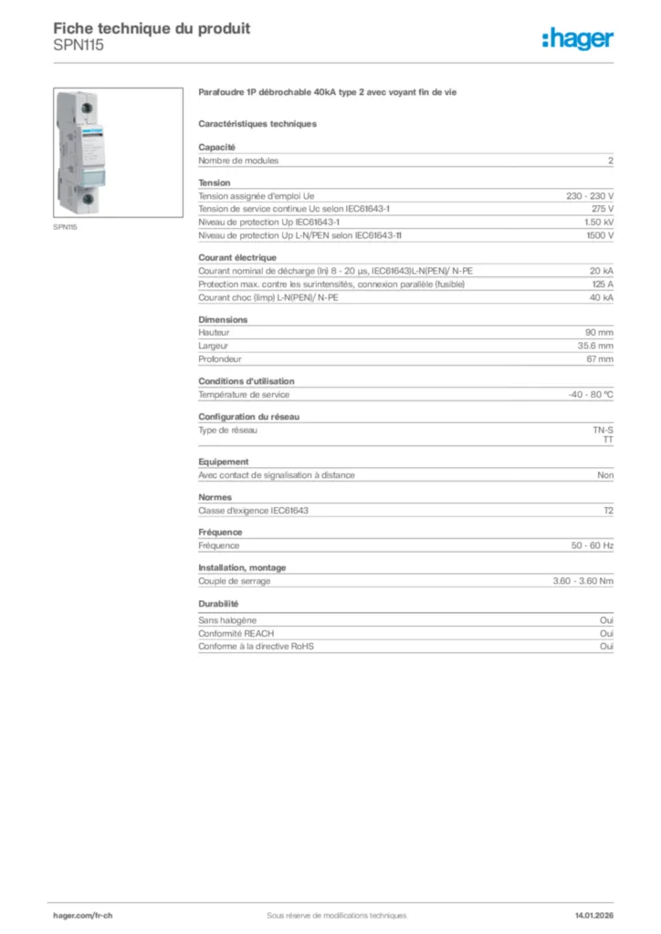 Image Hager Fiche technique du produit SPN115 | Hager Suisse
