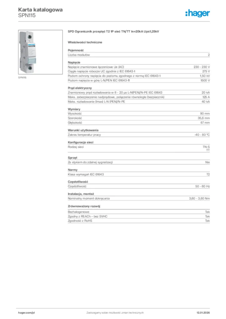 Zdjęcie Hager Karta katalogowa SPN115 | Hager Polska