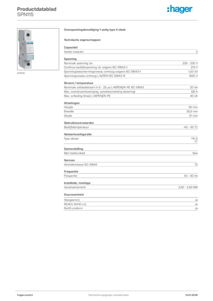 Afbeelding Hager Productdatablad SPN115 | Hager Nederland