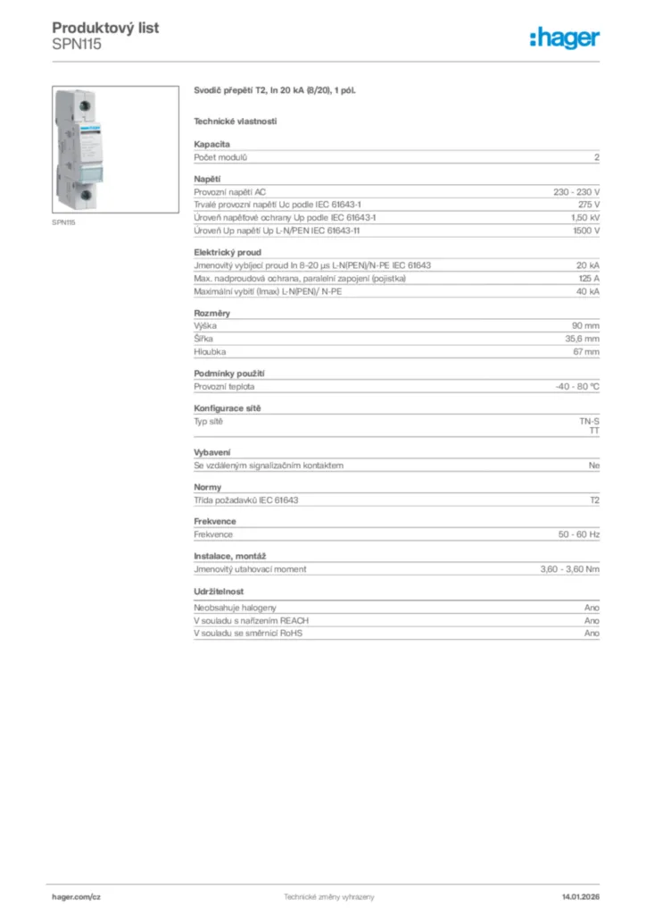 Obrázek Hager Product data sheet SPN115 | Hager