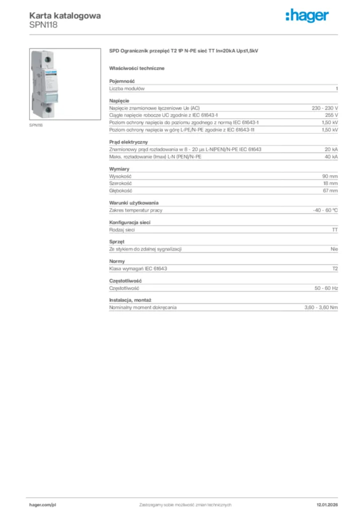 Zdjęcie Hager Karta katalogowa SPN118 | Hager Polska