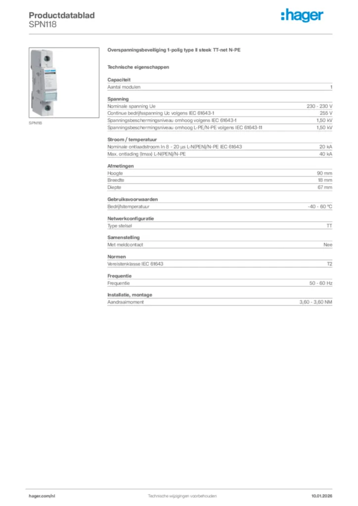 Afbeelding Hager Productdatablad SPN118 | Hager Nederland