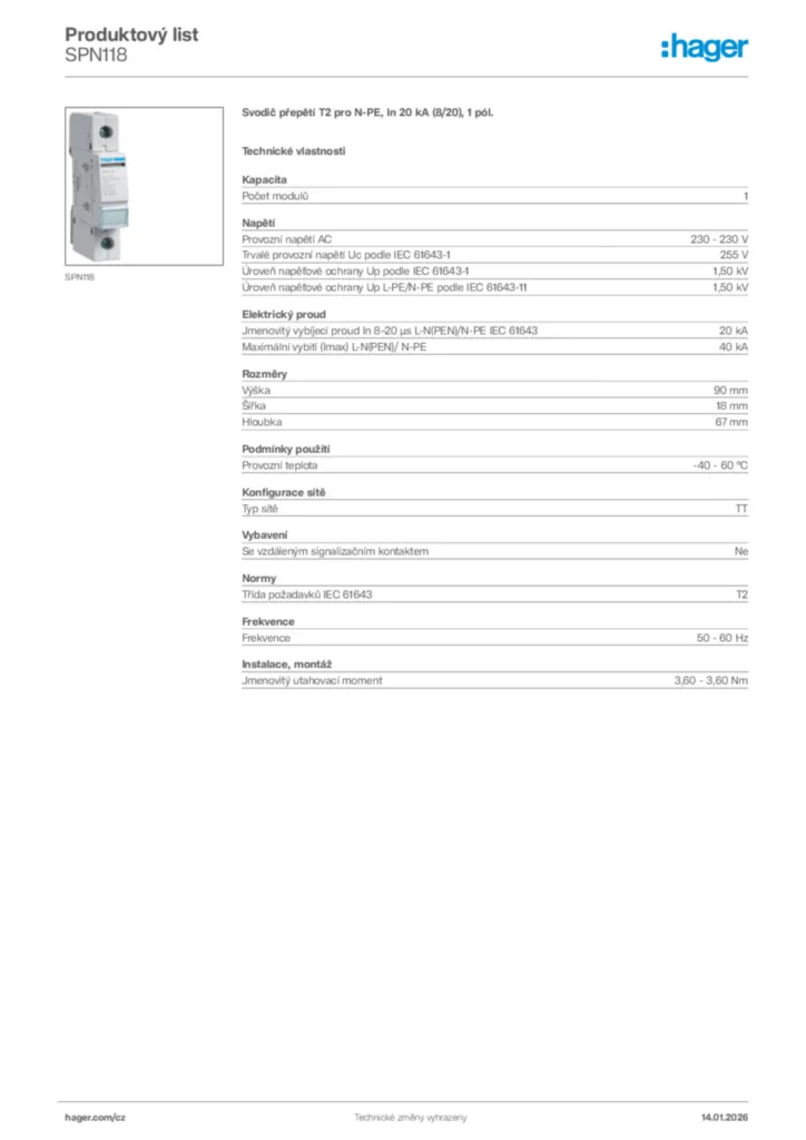 Obrázek Hager Product data sheet SPN118 | Hager