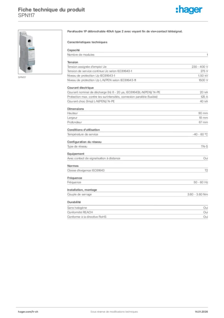 Image Hager Fiche technique du produit SPN117 | Hager Suisse