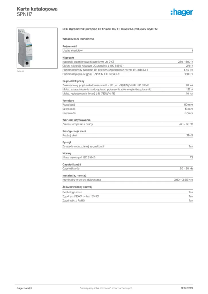 Zdjęcie Hager Karta katalogowa SPN117 | Hager Polska