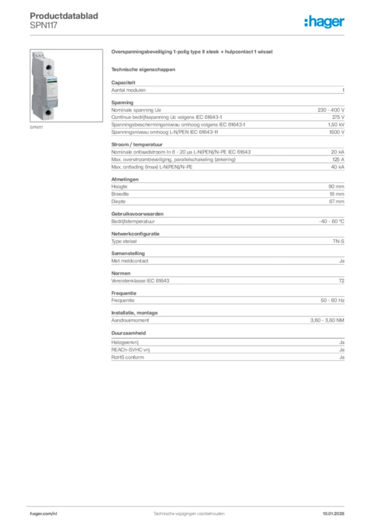Afbeelding Hager Productdatablad SPN117 | Hager Nederland