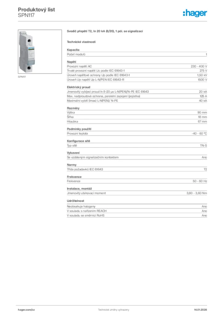 Obrázek Hager Product data sheet SPN117 | Hager