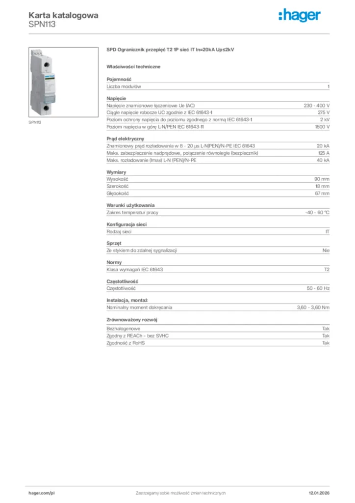 Zdjęcie Hager Karta katalogowa SPN113 | Hager Polska