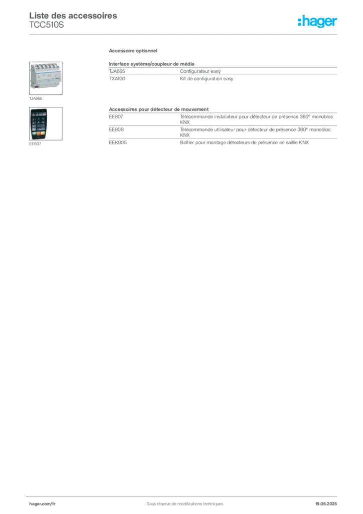 Image Hager Fiche technique du produit TCC510S | Hager France