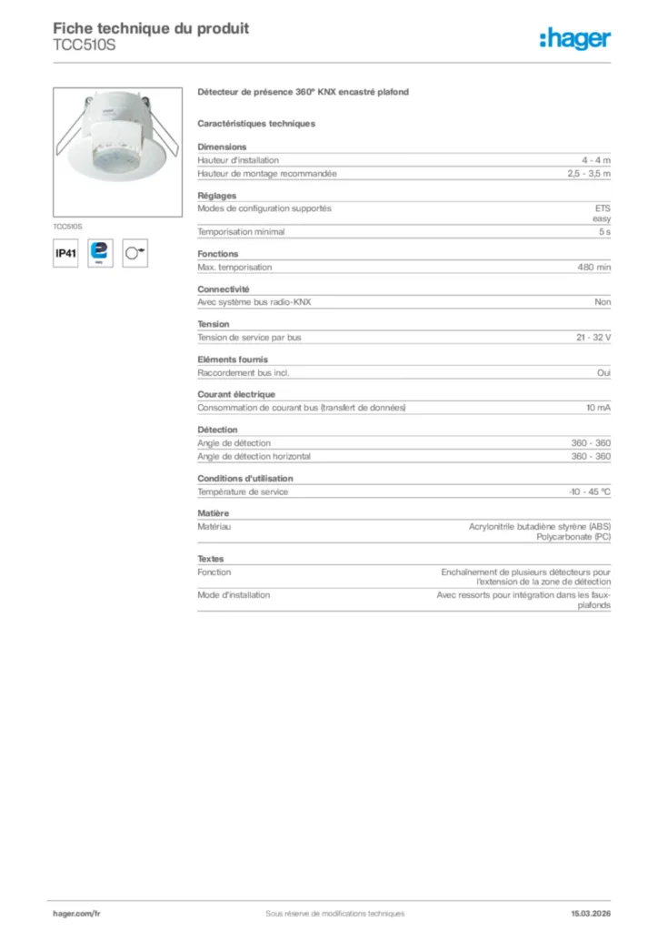Image Hager Fiche technique du produit TCC510S | Hager France