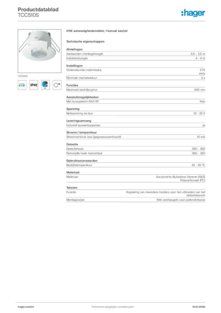 Afbeelding Hager Productdatablad TCC510S | Hager Nederland