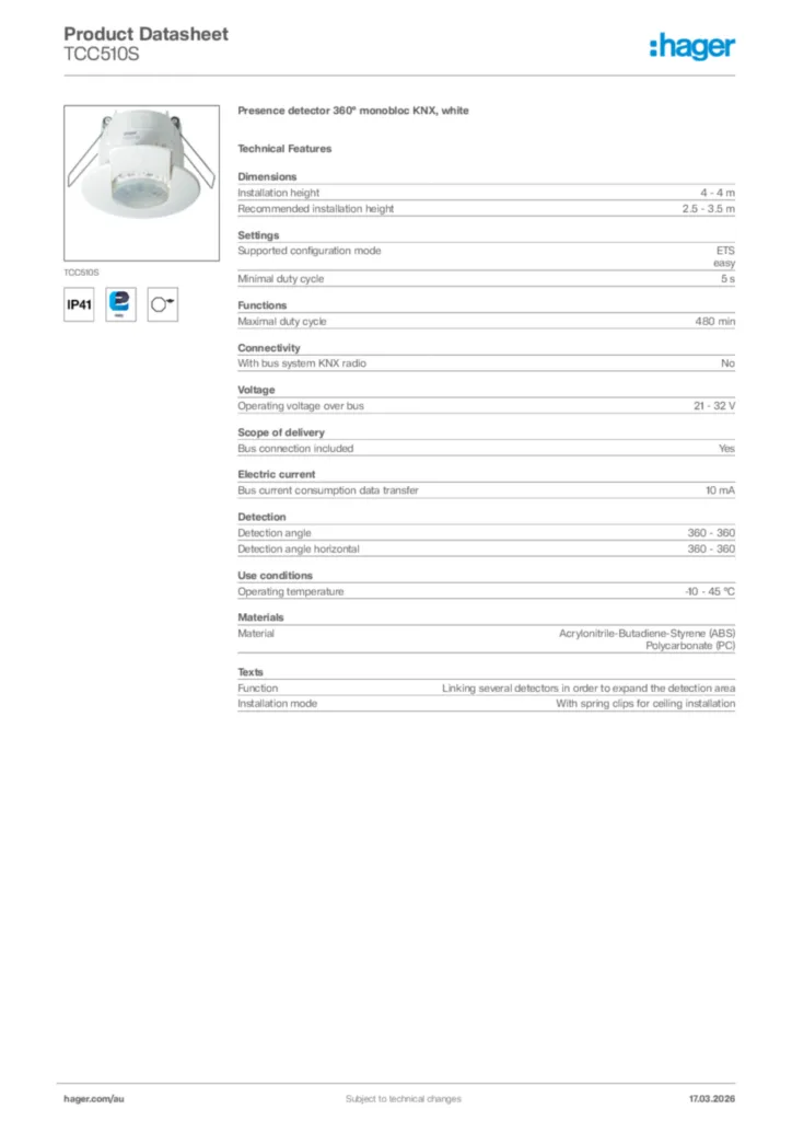 Image Hager Product data sheet TCC510S  | Hager Australia
