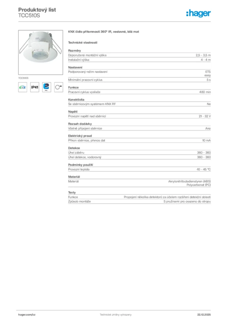 Obrázek Hager Produktový list TCC510S | Hager