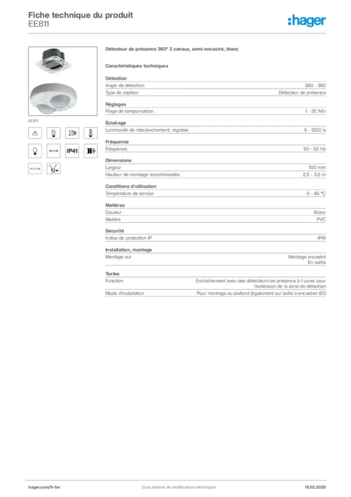 Image Hager Fiche technique du produit EE811 | Hager Belgique