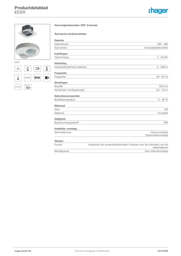 Afbeelding Hager Productdatablad EE811 | Hager Belgium
