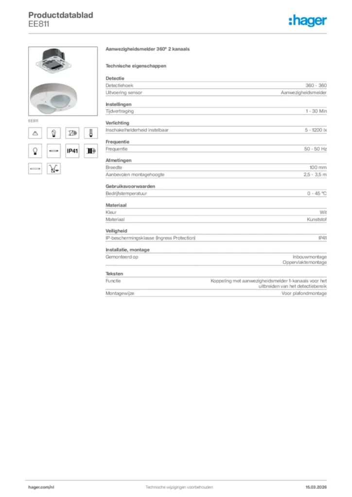 Afbeelding Hager Productdatablad EE811 | Hager Nederland