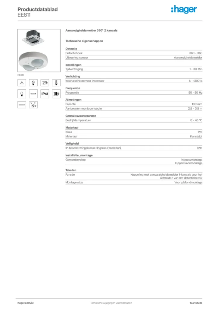 Afbeelding Hager Productdatablad EE811 | Hager Nederland
