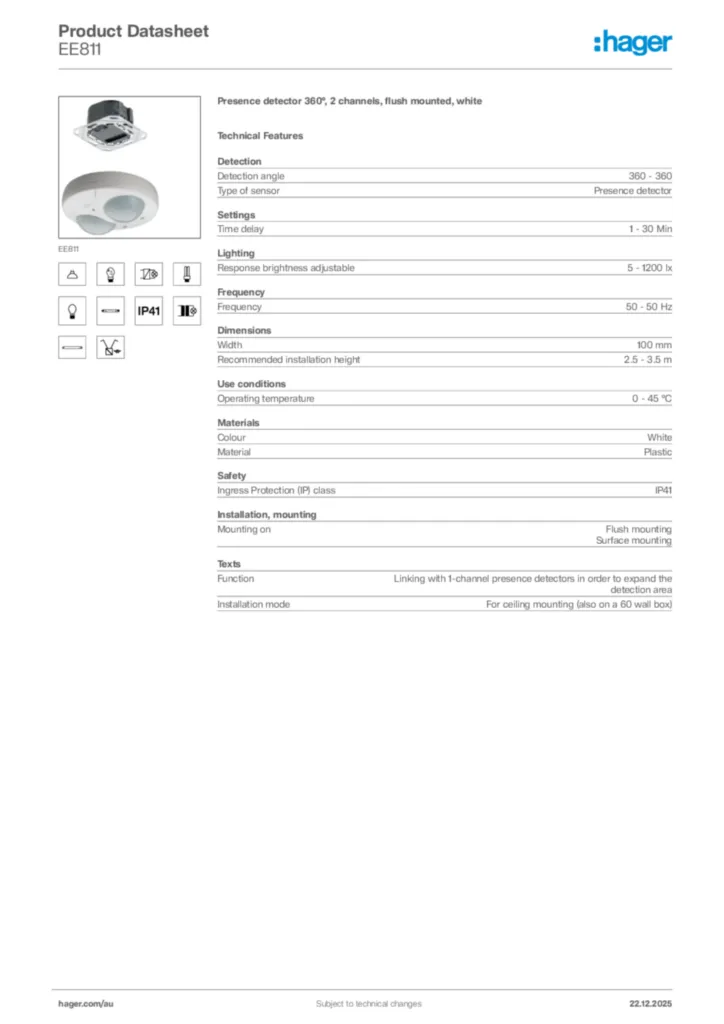 Image Hager Product data sheet EE811  | Hager Australia