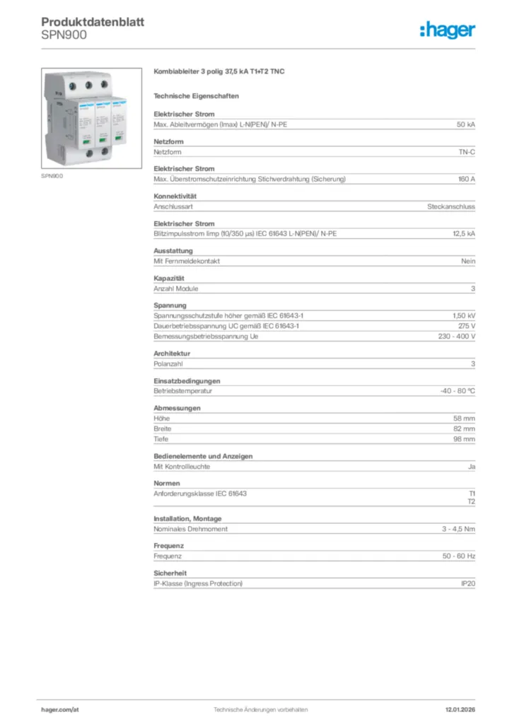 Bild Hager Produktdatenblatt SPN900 | Hager Deutschland